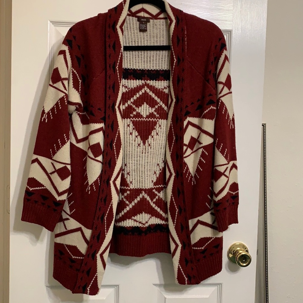 Very Cool Tribal Print Open Maroon Cardigan